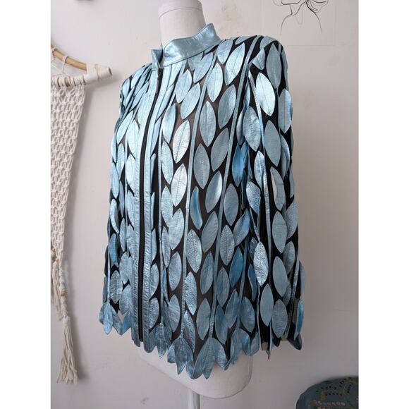 Natto blue metallic leaf design leather jacket - Picture 3 of 16